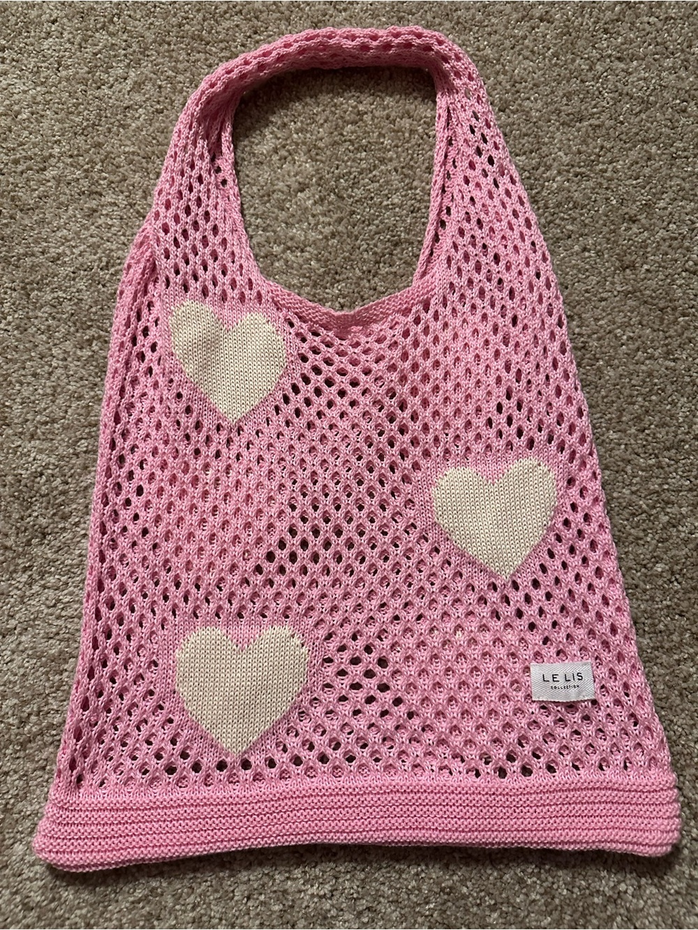 Le Lis Pink Knit Tote with Cream Heart Accents